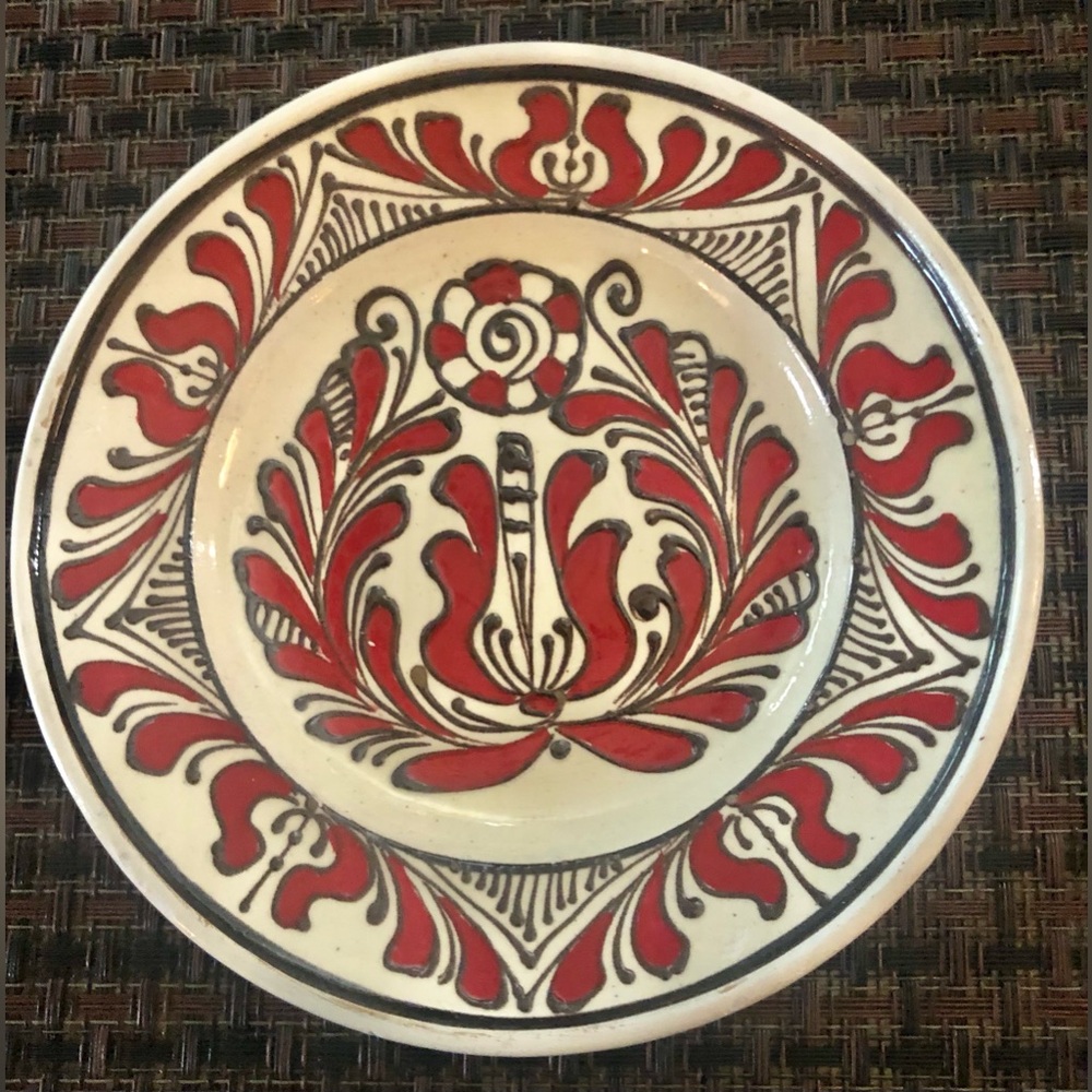 Hand-Painted Red and Cream Vintage Ceramic Plate - Traditional Korond~ Folk Art~